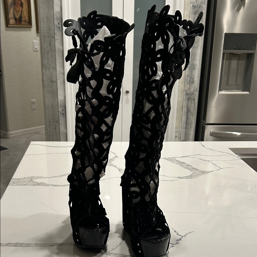 Elegant Black laser cutout Knee-High Boots with open toe & rhinestones & studs